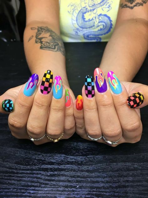 Neon Retro Nails, Color Checkered Nails, Rainbow Fire Nails, Checkered Flame Nails, Easy Trippy Nail Art, Colorful Checkered Nails, Rainbow Checkered Nails, Crazy Colorful Nails, Nail Designs2023