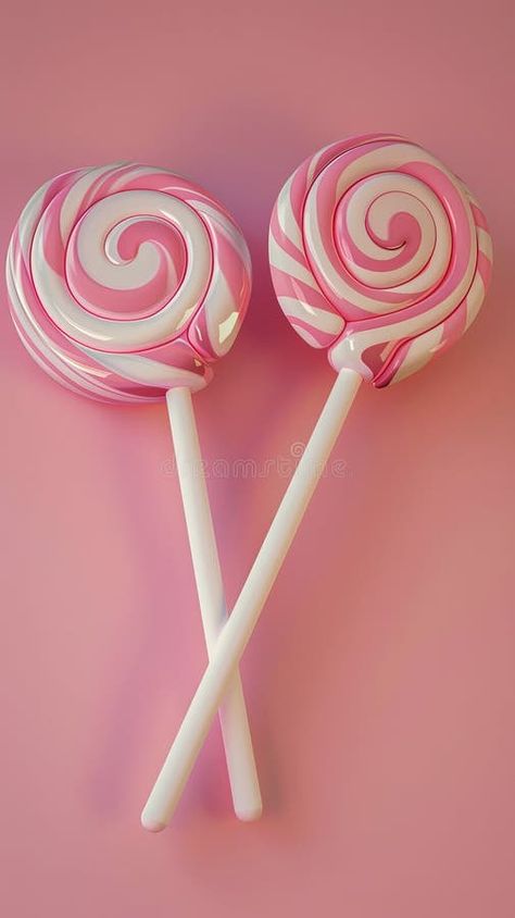 Two pink and white swirl lollipops on pink background, sweet treat concept stock photo Pink Candy Background, Heart Shaped Lollipop Aesthetic, Pink Lollipop Png, Swirly Lollipop, Background Sweet, Pink Lollipop, Pink Dessert, Swirl Lollipop, Swirl Lollipops