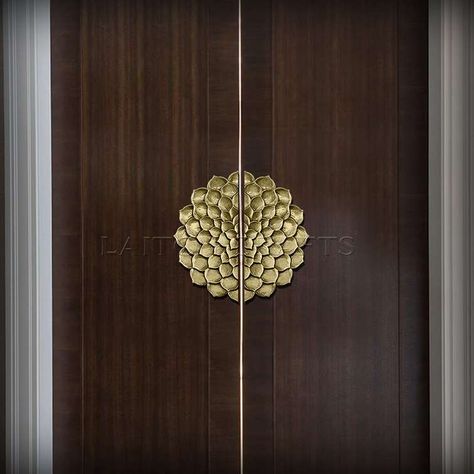 Main Door Handles, Pooja Room Brass Door Design, Swastik Design On Main Door, Pooja Room Door Handles, Brass Inlay Door Design, Teak Wood Main Door Peacock Design, Main Door Handle, Circle Handle, Gate Designs Modern