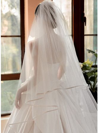 JJ's House Wedding Veil Simple   Tulle Bridal Ivory 118.11 in (300cm) 118.11 in (300cm) Satin Edge Cathedral Length Oval Two Tier With Blusher Wedding Veils. #JJ's House #WeddingVeil #Simple #Tulle #Bridal #Ivory #SatinEdge #CathedralLength #Oval #TwoTier #WithBlusher #WeddingVeils Covered Veil Bride, Two Tier Veil Cathedral, Wedding Veil With Blusher, Different Veil Styles, Puffy Veil, Juliette Cap Veil, Veils With Blusher, Illusion Sleeve Wedding Dress, Wedding Veil Simple