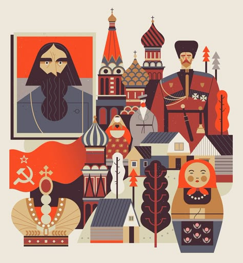 Illustrations created for Blake School’s Cyrus Magazine. Owen Davey, Bloc Party, Instagram Cover, Russian Culture, Folk Design, Russian History, Russian Folk, Russian Fashion, Russian Art