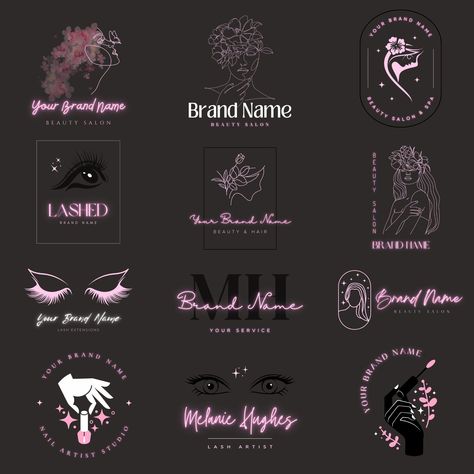 Premade Neon Pink Luxury Beauty Logo Salon/Esthetician Canva Editable Templates, PMU Lash Artist Logo, DIY Salon Logo Design, Nail Tech Logo brandidentity #brandmanager #brandmanagement #logolove Hair Extensions Logo Design Ideas, Eyelash Artist Logo, Aesthetician Logo Design, Hair And Lashes Logo Ideas, Lash Tech Logo Design, Lash Tech Name Ideas Logo, Nail And Lashes Logo Design Ideas, Lashes Logo Name Ideas, Logo For Lashes