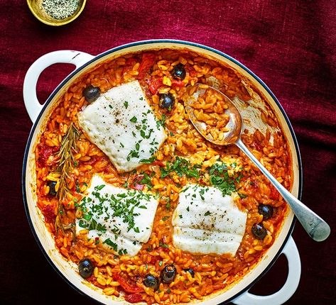 Baked cod with orzo & spicy sausage recipe | BBC Good Food Gnocchi Lasagna, Violet Recipes, Tomato Curry, Weekend Food, 2023 Recipes, Baked Cod, Shellfish Recipes, Cod Recipes, Healthy Supper