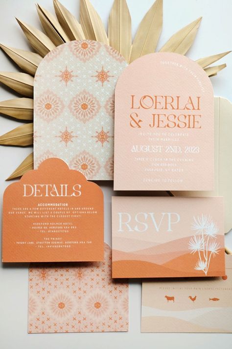 Arched Wedding Invites, 70s Inspired Wedding Invitations, 70s Wedding Invite, 60s Wedding Invitations, 70s Invitation Design, Wedding Invites Boho, Retro Palm Springs Wedding, Arch Invitation Design, 70s Packaging Design