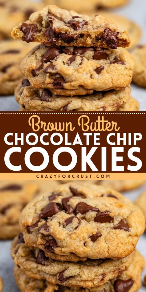 These Brown Butter Chocolate Chip Cookies are some of my favorite cookies ever! Bakery Style Chocolate Chip Cookies are full of delicious chocolate chips with a warm brown butter flavor. These huge cookies are a hit! Extra Chocolate Chip Cookies, Chocolate Chip Butter Cookies, Homemade Brown Butter Chocolate Chip Cookies, Cookie Chip Cookies, Recipes For Chocolate Chips, Brown Butter Chocolate Chip Pecan Cookies, Chocolate Chip Cookie Tips, Puffy Chocolate Chip Cookies Soft, Old School Chocolate Chip Cookies