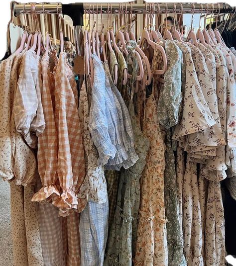 Dress On Hanger Aesthetic, Closet Of Dresses, Dress Shopping Aesthetic, Dream Wardrobe Aesthetic, Clothes Hanging Ideas, Bedroom Vintage Aesthetic, Clothes Rack Aesthetic, Clothing Rack Aesthetic, Bedroom Clothes Rack