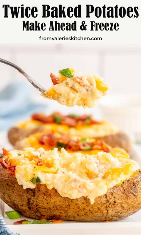 These classic Twice Baked Potatoes have a delicious sour cream and butter mashed potato filling loaded with cheddar cheese and bacon. Freeze a batch to reheat whenever the craving strikes! Freezer Sides, Sour Cream Mashed Potatoes, Party Potatoes, Meal Train, Butter Mashed Potatoes, Potato Filling, Stuffed Baked Potatoes, Freezer Food, Frozen Potatoes