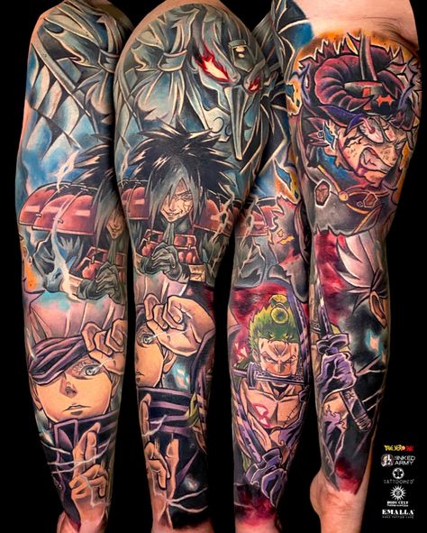 Anime Tattoo Full Sleeve, Anime Tattoo Arm Sleeve, Anime Collage Tattoo Ideas, Anime Tattoo Sleeve Ideas For Men, Anime Tattoo Leg Sleeve, Anime Arm Tattoo Sleeve, Anime Sleeve Tattoos For Guys, Leg Anime Tattoo, Anime Collage Tattoo