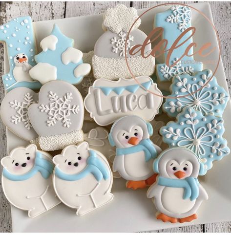 Winter Onederland Birthday Party Boy, Winter Onederland Party Boy, Winter Onderland Birthday, First Birthday Theme Boy, Winter Onederland Cake, 1st Birthday Boy Themes, First Birthday Winter, Penguin Cookies, First Birthday Cookies