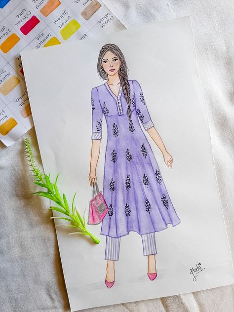 Designed Dresses Sketch, Casual Dress Sketch Design, Kurti Drawing Sketches, Kurti Fashion Illustration, Simple Dress Illustration, Casual Dress Drawing Sketches, Casual Wear Dress Drawing, Costume Design Sketch Fashion, Dress Indian Style Drawing