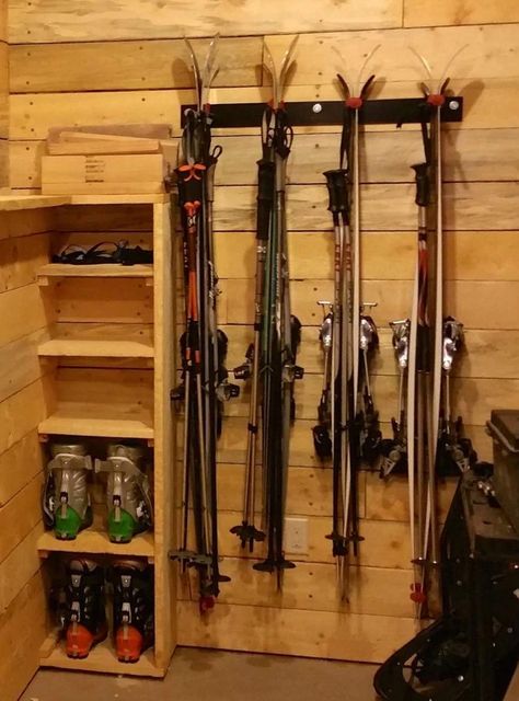 Ski Gear Storage, Ski Rack Garage, Ski Chalet Interior, Outdoor Gear Storage, Snowboard Storage, Sports Equipment Storage, Ski House Decor, Gear Room, Snowboard Racks