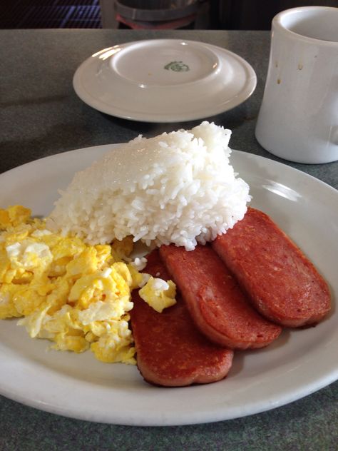 Rice Spam And Eggs, Scrambled Eggs With Rice, Spam Aesthetic Food, Spam Eggs And Rice Breakfast, Spam With Rice, Rice And Spam, Spam And Eggs Breakfast, Spam Eggs And Rice, Eggs And Rice Breakfast