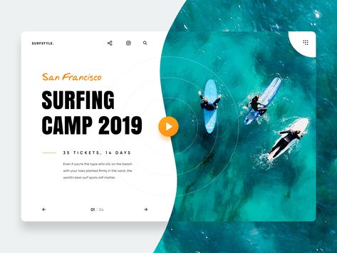 Surfcamp previous skip san francisco ticket next slide ocean sea waves play button search menu banner landing page surfing Design Sites, Mises En Page Design Graphique, Website Banner Design, Banner Design Layout, Banner Web, Desain Editorial, Web Ui Design, Ui Design Inspiration, Web Inspiration