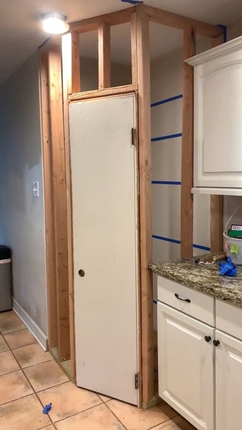 Build Kitchen Pantry Cabinet, Cabinet To Pantry Conversion, Add Pantry Cabinet To Kitchen, How To Build A Pantry In A Small Kitchen, Diy Corner Pantry How To Build, Convert Kitchen Desk To Pantry, Adding Pantry To Small Kitchen, Built In Corner Pantry, Pantry Addition To Kitchen