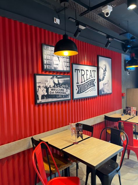 Small Restaurant Ideas Simple, Burger Shop Design, Chicken Restaurant Design, Resturant Ideas Design Interiors, Bbq Restaurant Decor, Burger Restaurant Design, Fast Food Restaurant Design, Restaurant Design Rustic, Red Restaurant