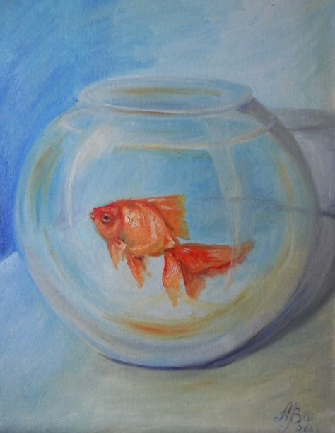 Fish In A Bowl Painting, Reference Photos For Oil Painting, Goldfish Bowl Painting, Fish Drawing Acrylic, Painting Ideas On Canvas Fish, Fishbowl Painting, Fishbowl Drawing, Fish Bowl Painting, Fish Tank Painting