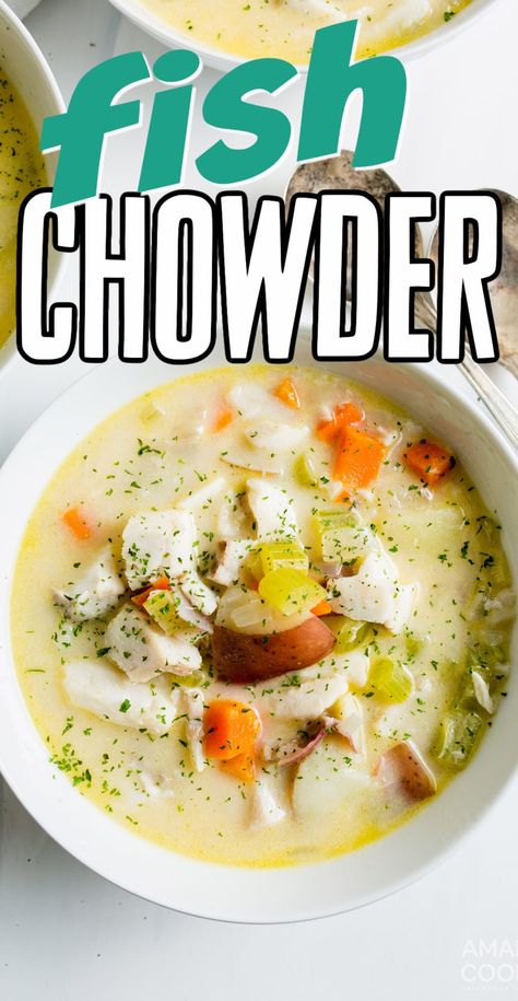 A steamy bowl of delicious fish chowder is a comforting warm-up for a cold winter day. Tender white fish combined with vegetables, broth and seasonings makes a delicious dinner. #fishchowder #amandascookin #souprecipes White Fish Soup Seafood Stew, Haddock Chowder Recipe, Fish Chowder Recipe New England, Dinner Soup Recipes, Seafood Soup Recipes, Amazing Dinners, White Fish Recipes, Fish Chowder, Dinner Experience