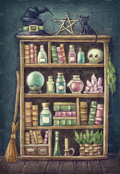 Witch store cupboard by Elena Schweitzer Witch Things Drawing, Witch Potion Shelf Drawing, Witch Bookshelf Drawing, Witch Shop Drawing, Witchy Shelf Drawing, Witch Shelf Drawing, Witches Shelf Drawing, Witch Shop Illustration, Witch Pot Illustration