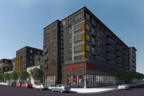 Target Tests Small Store for Urban Shoppers as Young People Pick Cities Over Suburbs Target Exterior, Apartment Building Exterior, Luxury Apartment Building, Futuristic House, New Urbanism, Facade Architecture Design, Small House Interior Design, Small Store, Commercial Complex