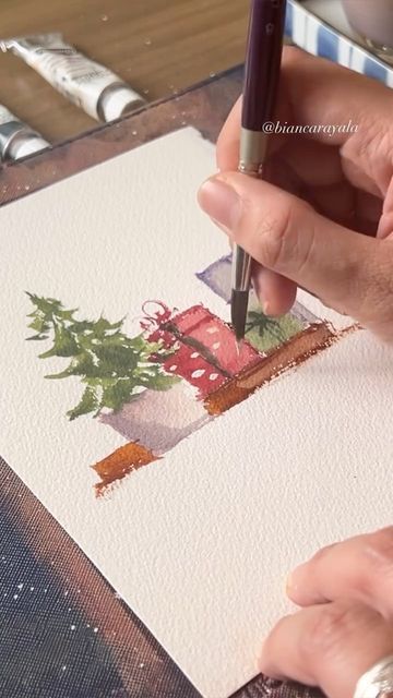 Mini Christmas Watercolor Paintings, Christmas Mixed Media Art, Christmas Watercolor Paintings Cards, Watercolor Xmas Cards Diy, Watercolor Christmas Cards Diy Artwork, Homemade Watercolor Christmas Cards, Easy Christmas Watercolor Ideas, Christmas Cards Watercolor Ideas, Watercolor Painting Christmas