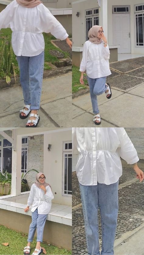 Jeans Blouse Outfit Hijab, Ootd Hijab Casual Jeans Kemeja, White Blouse And Jeans Outfit Hijab, Ootd Jeans Hijab Casual, Ootd Hijab Jeans Style, White Blouse Outfit Hijab, Ootd Kemeja Hijab Casual, Kemeja Outfit Hijab, Outfit Kemeja Putih