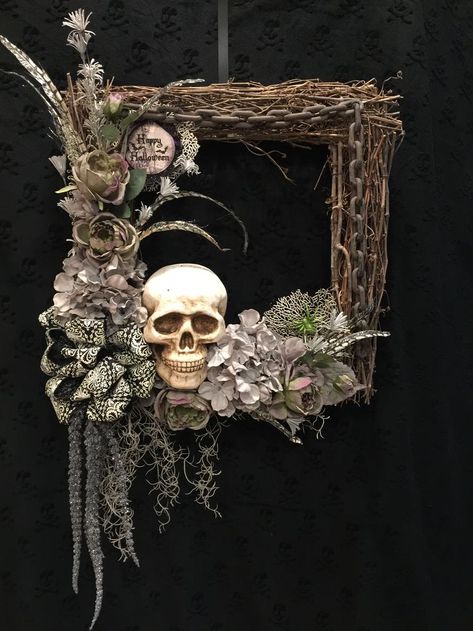 Just finished my first Halloween wreath for 2018! Grey floral on a square wreath with skull and… | Creepy halloween decorations, Halloween props, Halloween projects Spooky Wreath Ideas, Square Halloween Wreaths, Unique Halloween Wreaths, Bone Halloween Decor, Skull Wreaths For Front Door, Gothic Wreath Ideas, Diy Skull Halloween Decor, Floral Halloween Decor, Diy Halloween Wreath Ideas