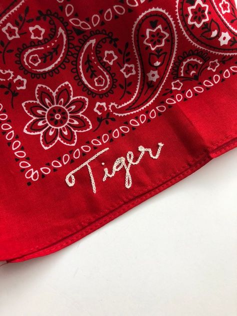 Dog Bandana | Custom Embroidered Dog Name Bandana | Personalized Pet Name | Embroidered Dog Scarf | Bandana Embroidery Ideas, Red Bandana Aesthetic, Adjustable Red Bandana For Gifts, Personalized Bandana, Adjustable Red Bandana, Embroidered Dog, Cat Loss, Cholo Art, Cotton Anniversary Gifts