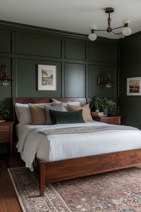 Try a simple earthy bedroom look using these tips and ideas. Wood And Green Bedroom Aesthetic, Forest Green And Dark Wood Bedroom, Earthy Traditional Bedroom, Neutral Color Palette For Home Decor, Bedroom Ideas Green Bed, Dark Olive Green Bedroom Walls, Bedroom Ideas Green Accent Wall, Black White And Olive Green Bedroom, Green Moody Bedroom Ideas