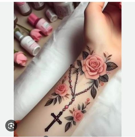 Rosary Tattoos, Meaningful Wrist Tattoos, Arm Sleeve Tattoos For Women, Rosary Tattoo, Wrist Tattoo Ideas, Ankle Tattoos For Women, Cross Tattoos For Women, Flower Wrist Tattoos, Hand And Finger Tattoos