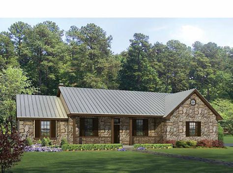 35 HOUSE PHOTOS WITH STONE CLAD DESIGN Metal Roof Houses, Hill Country Homes, House Plans One Story, Ranch House Plan, Ranch Style House Plans, Modern Ranch, Country Style House Plans, Plans Modern, Ranch Style Homes