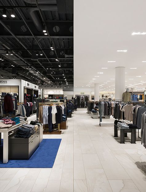 Nulty - Fenwick, The Lexicon, Bracknell - Retail Lighting Design Contrast Exposed Ceiling Columns Lighting In Exposed Ceiling, High Ceiling Shop Interior Design, Exposed Ceiling Industrial, Exposed Services Ceiling, Warehouse Store Design, Expose Ceiling Design, Retail Store Ceiling Design, Retail Ceiling Design, Black Exposed Ceiling