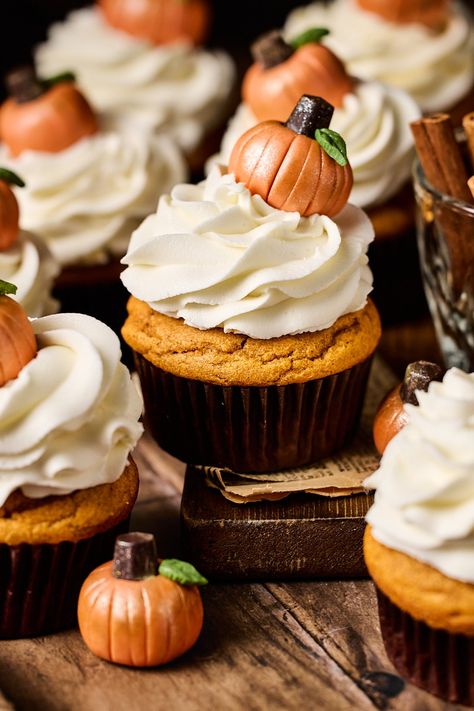 Gluten-Free Pumpkin Cupcakes with Buttercream Frosting Dairy Free Pumpkin Cupcakes, Low Sugar Cupcakes, Gluten Free Pumpkin Cupcakes, Fondant Pumpkins, Cupcakes With Buttercream Frosting, Frosting Cupcakes, Gluten Free Pumpkin Spice, Cupcakes With Buttercream, Buttercream Frosting For Cupcakes