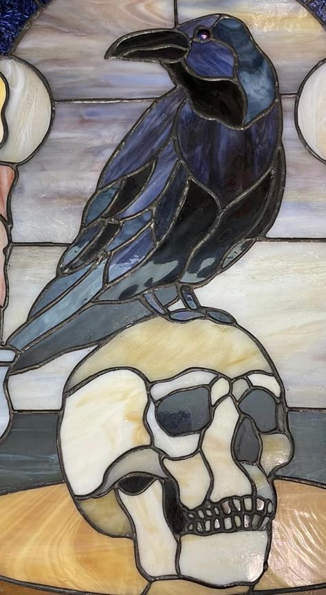 Crow Stained Glass Ravens, Goth Stained Glass Patterns, Crow Stained Glass Pattern, Raven Stained Glass Pattern, Stained Glass Crow, Gothic Stained Glass Art, Crow Mosaic, Stained Glass Skull, Stained Glass Star