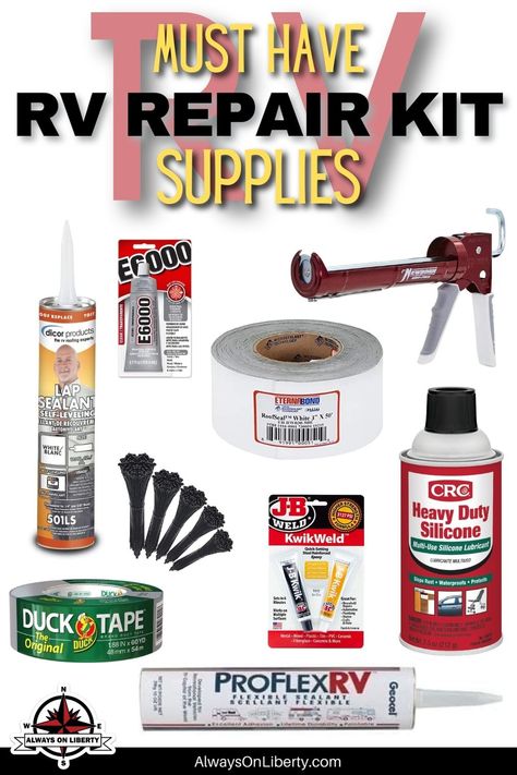 If you own an RV or camper, an RV repair kit is a definite must have to keep easily accessible. Because as we all know that something is going to break on the road or far from home.  But, having the right RV repair supplies for an emergency fix on the road could be the difference between ending your trip early or continuing on with your adventure. #RV #RVmaintenance #RVrepair Rv Surge Protector, Motorhome Living, Camper Repair, Rv Mods, Roof Sealant, Rv Organization, Rv Repair, Rv Maintenance, Rv Water