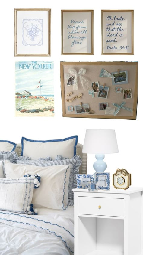 Pops Of Blue Bedroom, Blue And White Apartment Bedroom, East Coast Dorm Aesthetic, Blue And White Bedding Aesthetic, Beachy Dresser Decor, Vintage Costal Bedroom, East Coast Room Aesthetic, Costal Grandma Dorm Room, Blue Costal Room