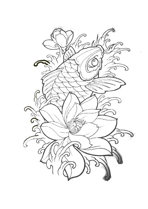 Japanese Sternum Tattoo, Koi Fish With Flowers, Koi Fish Tattoo Stencil, Myanmar Tattoo, Tattoo Art Drawings Sketches, Japanese Leg Tattoo, Koi Fish Drawing, Japanese Flower Tattoo, African Tattoo