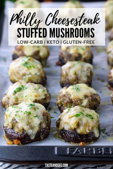 Philly Cheesesteak Stuffed Mushrooms - so hearty and delicious!  Full of all the things we crave… ground beef, cheesiness and tons of savory flavor.  #TasteAndSee Cheesesteak Stuffed Portabella Mushrooms, Ground Beef Portabella Mushrooms, Philly Cheese Steak Stuffed Mushrooms, Philly Cheese Steak Mushrooms, Philly Cheesesteak Stuffed Mushrooms, Cheeseburger Stuffed Mushrooms, Ground Pork Stuffed Mushrooms, Hamburger Stuffed Mushrooms, Stuffed Mushrooms Ground Beef