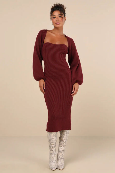 Autumn Aura Burgundy Ribbed Two-Piece Sweater Dress Sweater Dress Boots, Autumn Aura, Cozy Inspiration, Two Piece Sweater Set, Shrug Style, Burgundy Sweater Dress, Nude Boots, Midi Sweater Dress, Ribbed Sweater Dress