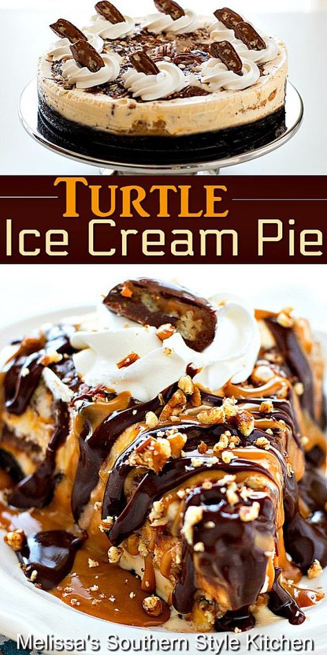 Turtle Desserts, Frozen Pie Recipes, Carmel Pie, Turtle Pie Recipe, Turtle Dessert, Frozen Pies, Turtle Ice Cream, Turtle Candy, Ice Cream Dessert Recipe