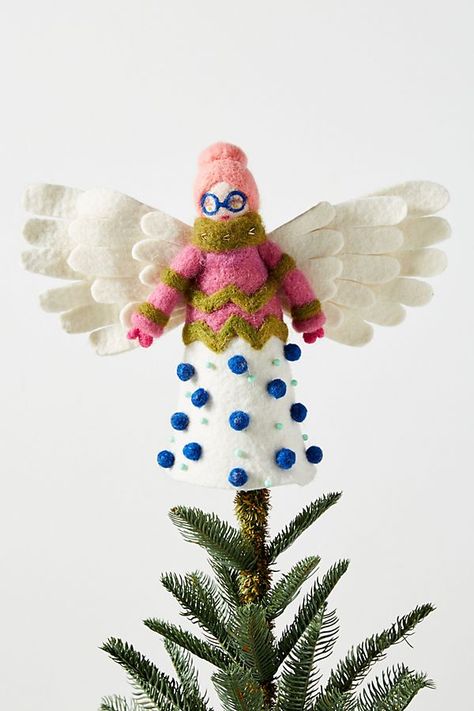 Quirky Angel Tree Topper - Come discover Pretty Pink Christmas Decor Inspiration with holiday interiors as well as shopping resources. Pink Christmas Decor, Anthropologie Holiday, Whimsical Wreaths, Angel Tree Topper, Christmas Decor Inspiration, Pink Christmas Decorations, Pink Holiday, Angel Tree, Hello Lovely