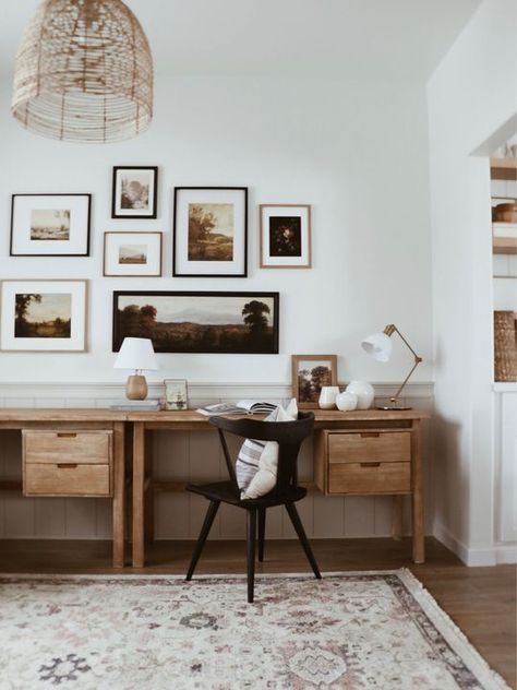 Double Desks, Ikea Boxes, Fantasy Houses, White Paint Color, Work From Home Office, Basement Office, Office Gallery Wall, Minimalist Home Office, Office Inspo