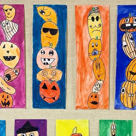 Mme Marissa on Instagram: "Some pretty cool pumpkin stacks! They really enjoyed this one as it allowed for so much creativity to show the pumpkin personalities. Full instructions and materials list on my blog under art projects. #Frenchteachers #frenchimmersion #3eannée #troisièmeannée #grade3 #4eannée #quatrièmeannée #grade4 #primaire #primary #canadianteacher #bcteachers #artforkids #kidsart #halloweenartproject #fallartproject" First Grade Pumpkin Art, Halloween Art Projects For 1st Grade, 3rd Grade Pumpkin Art, Halloween Art Projects For Kindergarten, Elementary Halloween Art, Elementary Halloween Art Projects, Halloween Crafts For 2nd Grade, 1st Grade Halloween Art Projects, 1st Grade Art Projects Fall