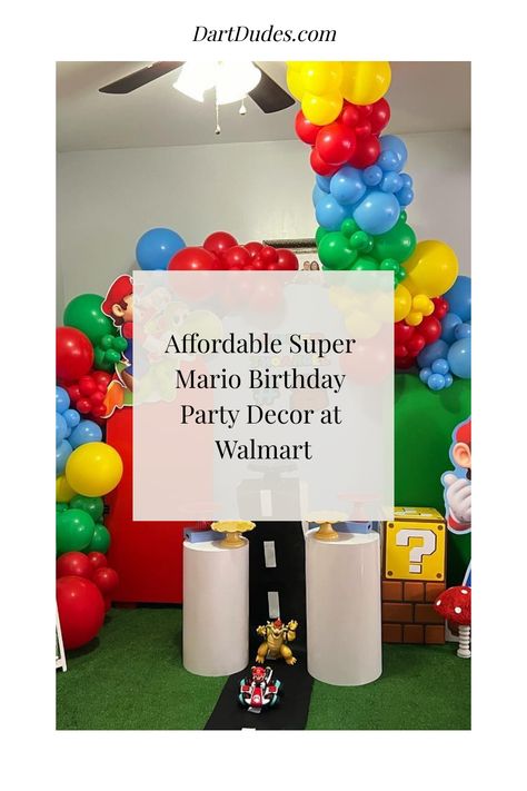 Affordable Super Mario themed birthday party decor setup with balloons and figurines at Walmart. Mario Bros Decor, Diy Mario Bros Decorations, Diy Mario Decorations, Super Mario Birthday Party Decorations, Mario Birthday Party Decorations, Princess Peach And Bowser, Mario Decorations, Super Mario Themed Birthday Party, Mario Kart Birthday Party