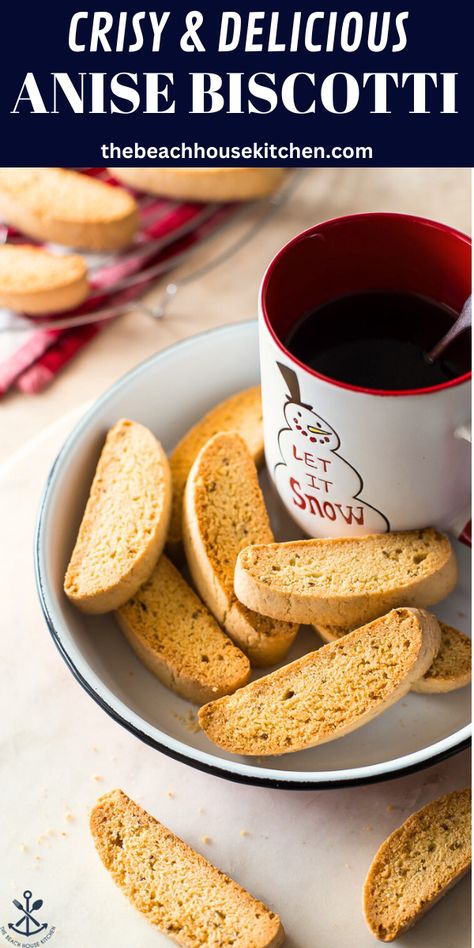 Crisp and buttery and jam-packed with anise flavor this Anise Biscotti is not only a holiday favorite, but a year round favorite! Minimal ingredients and a super easy recipe that you're going to want to make time and time again. Perfect alongside your tea or coffee! Anise Biscotti Recipe Italian, Biscotti Anise, Anise Biscotti Recipe, Anise Biscotti, Italian Treats, Anise Seed, Biscotti Recipe, Beach House Kitchens, Holiday Cookie Recipes