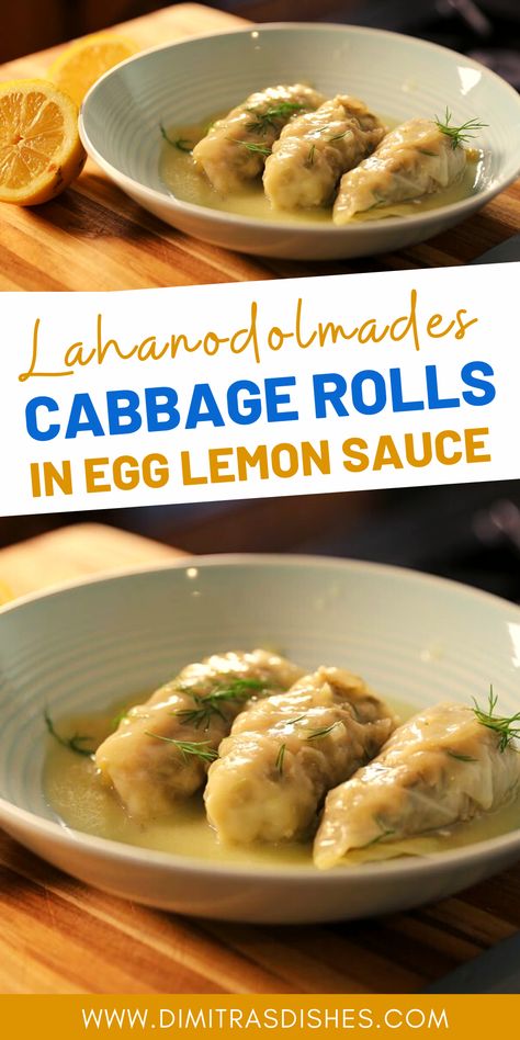 Lahanodolmades - Greek-style cabbage rolls with creamy egg lemon sauce. This dish is classic comfort food that are hearty, yet light and refreshing. It's guaranteed to warm your soul on a cold winter's day! #cabbage #greekrecipes #vegetarian #dimitrasdishes #lahanodolmades #comfortfood Lemon Cabbage, Greek Cabbage, Greek Recipes Authentic, Cabbage Rolls Recipe, Recipes Authentic, Drink Inspiration, Stuffed Cabbage, Greek Cooking, Mediterranean Food