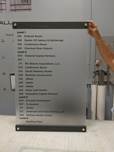 Frosted acrylic Directory wall sign with stain wood trim by Cowtown Graphics & Signs Directories Design, Frosted Acrylic Sign, Directory Signage Design, Directory Signage, Stained Wood Trim, Directory Signs, Donor Wall, Stain Wood, Office Signage