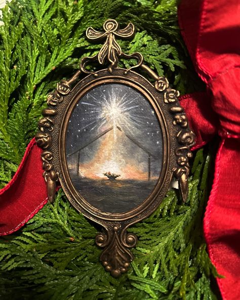 First ornament of The Nativity Collection is finally finished! This piece “Emmanuel” is central to the vision of the triptych collection. Delicately painted in acrylic on cotton rag canvas and fastened in a vintage ornate brass oval frame. Measures approx. 3” x6” Frame made in Italy #thenativity #christmas #emmanuel #localart #riartist #handpaintedornament #vintageframe The Nativity, Hand Painted Ornaments, Local Art, Oval Frame, The Vision, Vintage Frames, Nativity, In Italy, Brass