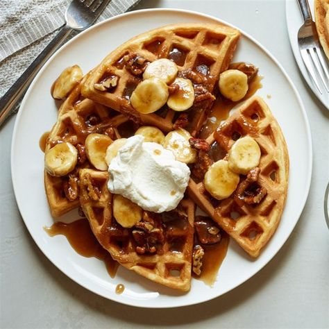 Bananas Foster Belgian Waffles | "Wonderful flavors! I followed the recipe exactly and was definitely impressed by the combination of flavors!" Fancy Grilled Cheese Sandwiches, Fancy Grilled Cheese, Belgian Waffles Recipe, French Toast Pancakes, Fancy Breakfast, Foods For Kids, Waffle Toppings, Bananas Foster, Brunch Buffet