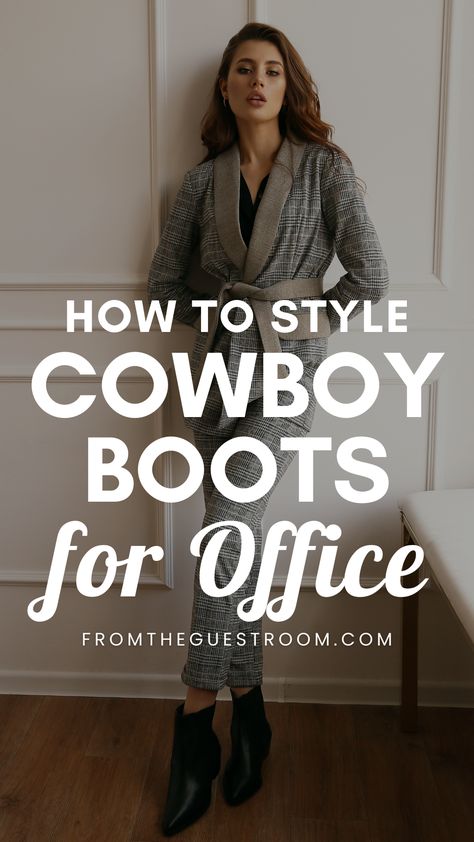 a woman wears cowboy boots for office, western outfits Silk Shirt And Cowboy Boots, How To Wear Cowboy Boots To Work, Cowboy Boots At Work, Business Casual With Cowgirl Boots, Cowboy Boots Outfit Office, Cowboy Boot Office Outfit, Cowboy Boots Work Outfit Women, Cowboy Boots Outfit Work, Business Casual With Cowboy Boots