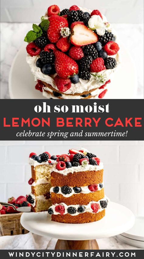 This Lemon Berry Layer Cake has layers of moist lemon cake, fresh berries and fluffy buttercream frosting! It’s light, fruity, and perfect dessert for spring and summer! Lemon Layer Cake With Fresh Berries, Lemon And Berry Cake, Berry Layer Cake, Whipped Buttercream Frosting, Fluffy Buttercream Frosting, Fluffy Buttercream, Whipped Buttercream, Moist Lemon Cake, Lemon Layer Cakes